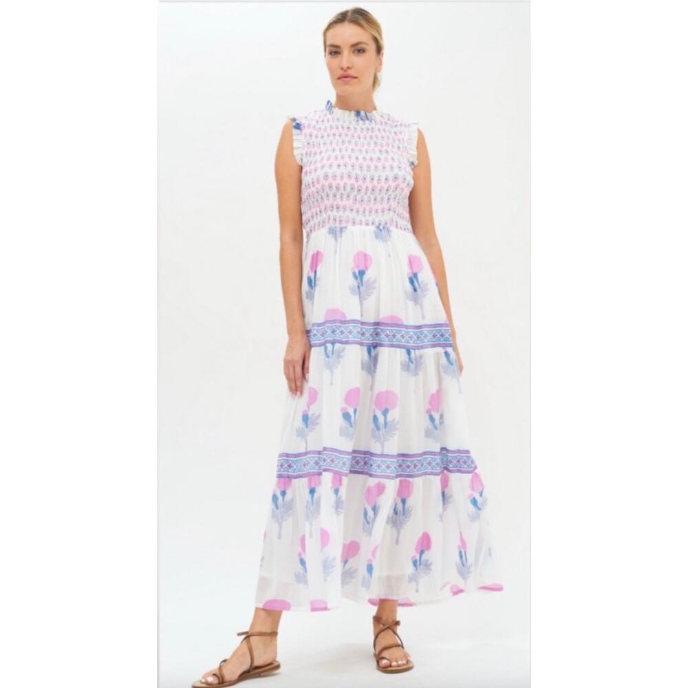 Oliphant Sleeveless Smocked Maxi Dress Floral Ruffle Tiered Cottagecore Midi